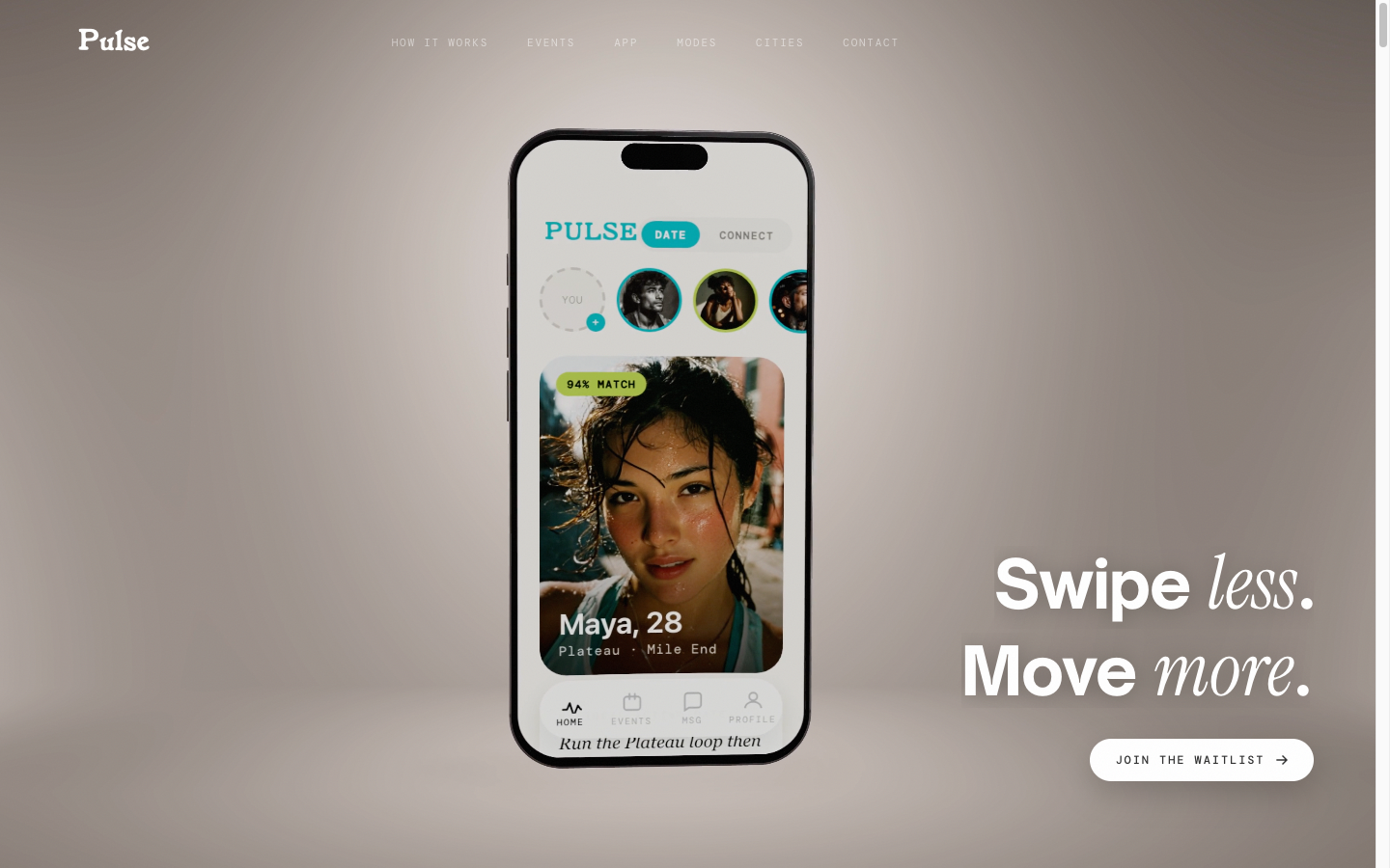 Pulse homepage hero — phone render, Swipe less. Move more.